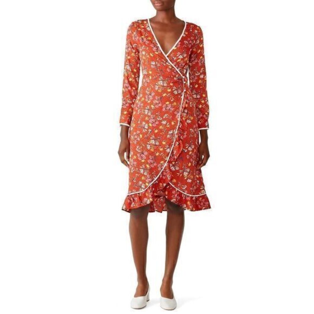 FREE PEOPLE Red Floral Covent Wrap Garden Floral Dress US 6R